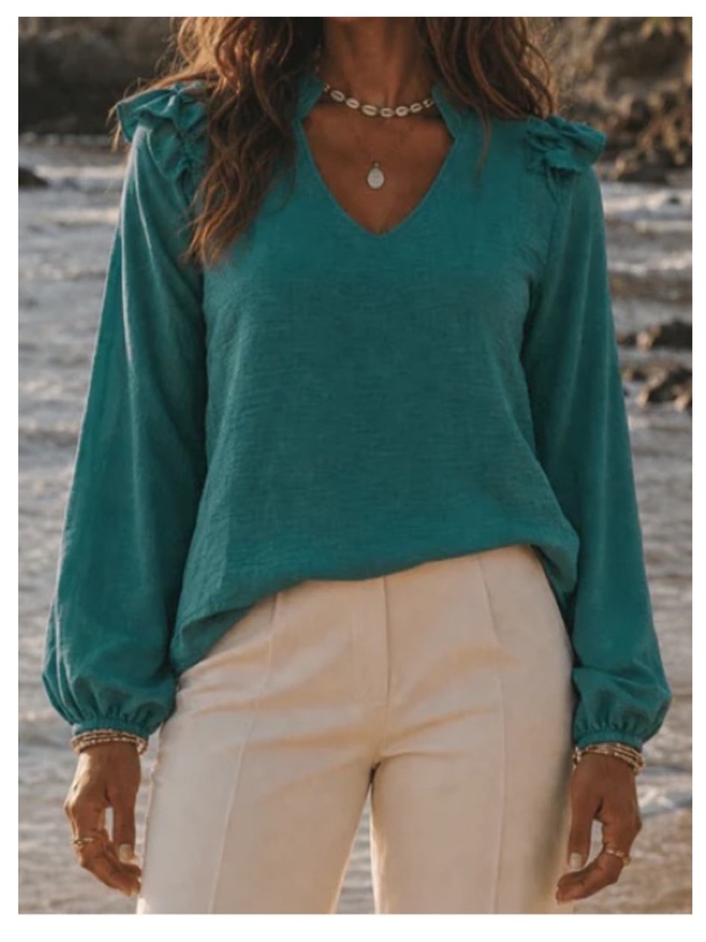 NWT LES AMIS Long Sleeve Ruffle-Detail V-Neck Blouse in Seafoam